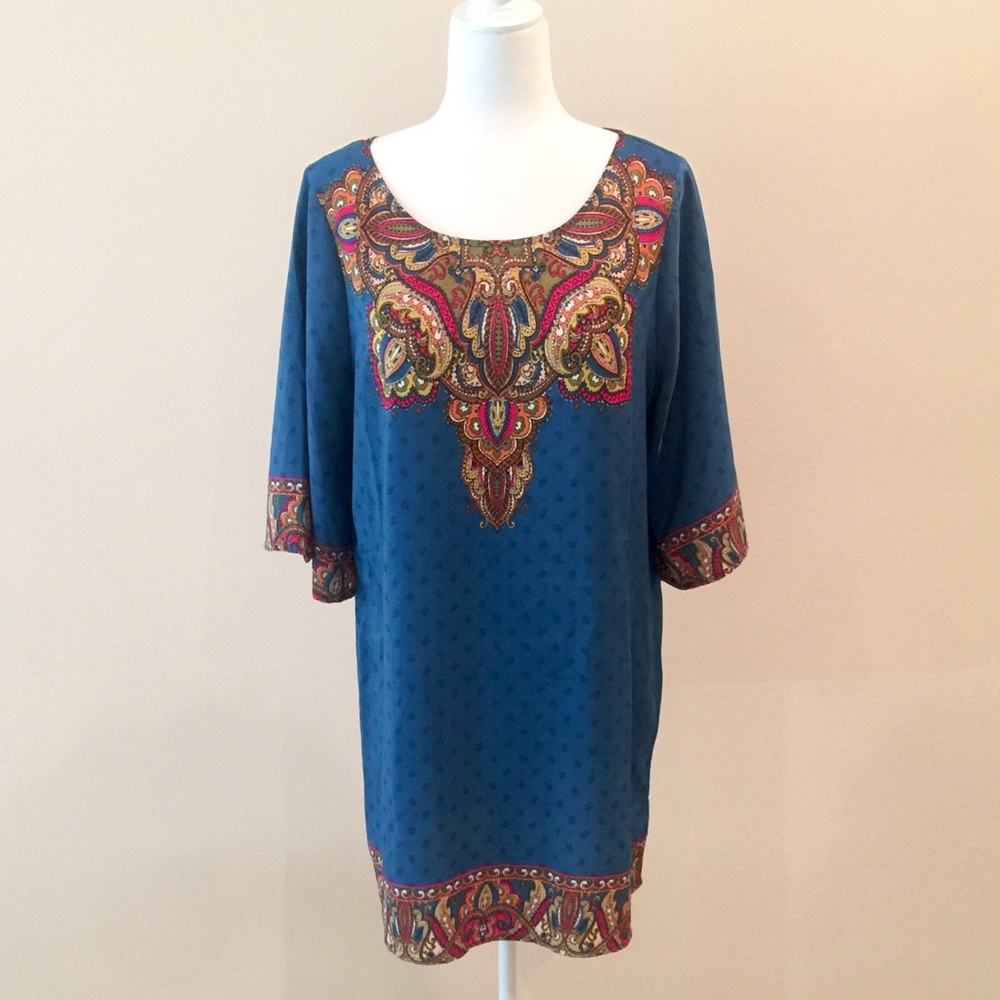 L boho mini dress paisley hippie silky ethnic beatnik mod Halloween peacock blue